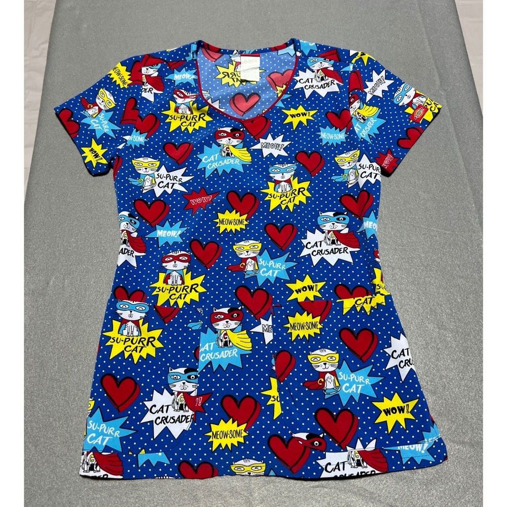 Dickies Superhero Cat Comic Print Scrub Top Blue V-Neck DK852 XS